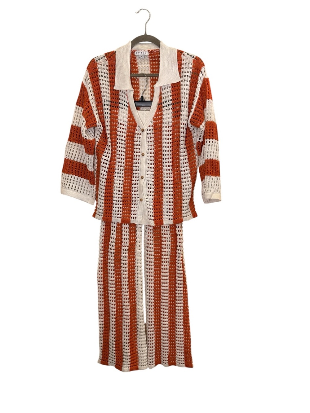 Hyfve Women’s Cream Rust Striped O Beth pen Knit 2pc Coverup Beach Set sz M